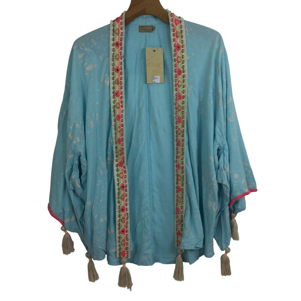 Skemo Boho Chic Cover Up Open Kimono Sleeve Embroidered Beaded Tassels M NWT